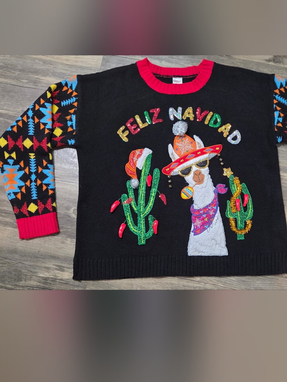 Feliz Navidad Black Holiday Llama Sweater Size Large